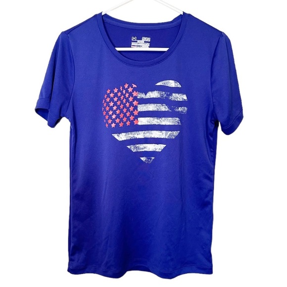 Under Armour T-shirt Top 4th of July Patriotic American Flag Heart Blue Size Med - Picture 1 of 8